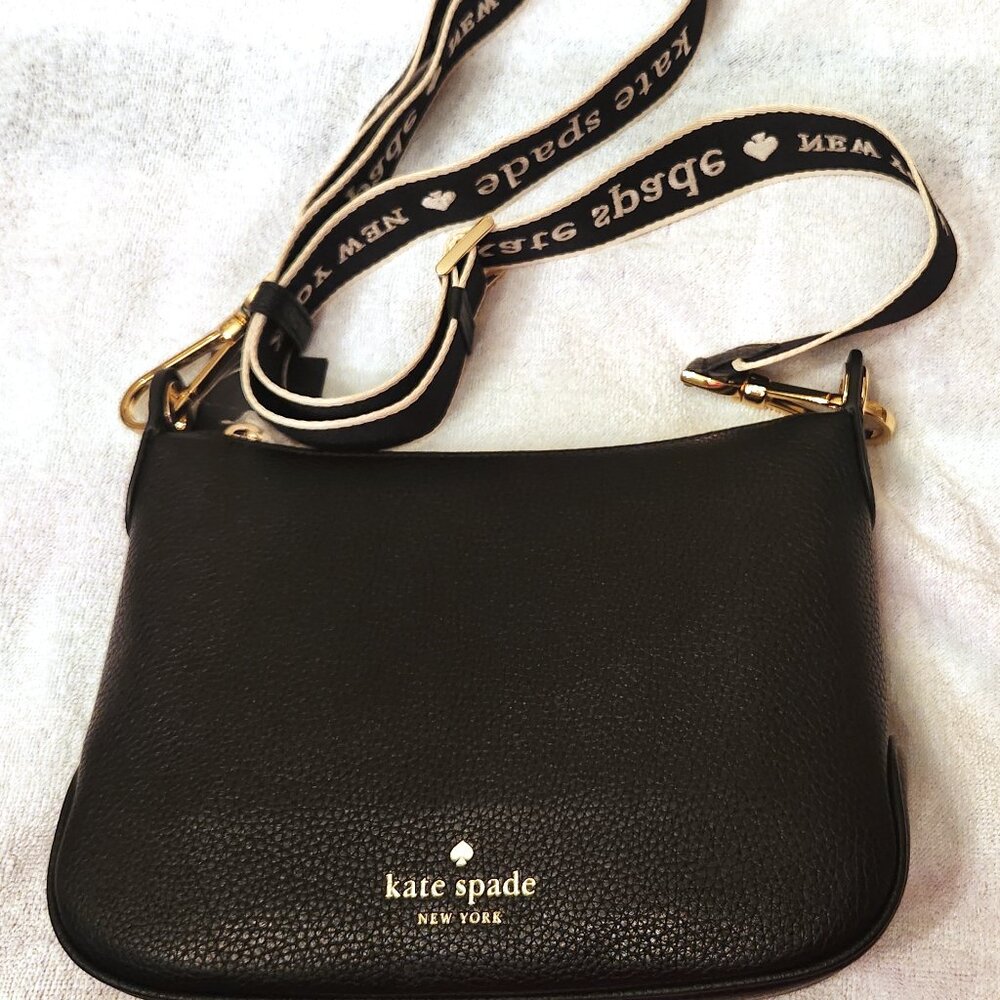 Kate Spade Rosie Black Leather Crossbody With Web Logo Guitar Strap _ NWT